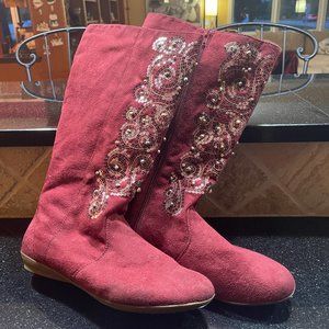 Muted Red Micro Suede Sequined Boots Size 11
